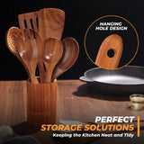 Natural Solid Teak Wooden Cooking Utensils for Nonstick Cookware, Wooden Kitchen Utensils Set Includes Spoons, Spatulas, Strainer Spoon, Salad Fork with Holder and Spoon Rest (9PCS) AIUHI