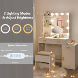 ANWBROAD Makeup Vanity Desk Vanity Set with 10 LED Bulb Lighted Sliding Mirror Makeup Vanity Table with Charging Station Nightstand 3 Colors Modes Dimming Cushioned Stool Dressing Table White UBDT54W ANWBROAD