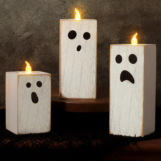 Treory Halloween Decorations Indoor Table Decor: 3pcs Cute White Ghost Decor, Farmhouse Wooden Ghost Sign with Flameless LED Tea Lights, Rustic Room Decor for Kids Home Office School Desk Fir - WoodArtSupply