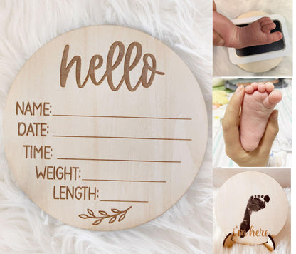 Baby Announcement Sign for Newborn,Name Announcement Sign with Ink Pad for Baby Hand and Footprints,Double-Sided Hello World Newborn Name Sign for