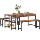 YITAHOME 63" 3 Piece Kitchen Dining Room Table Set for 4 w Bench & Storage, Farmhouse Rectangle Dinette Sets w Wine & Glass Holder 4 Seater, Space Saving for Apartment Dinner Breakfast, Rustic Brown YITAHOME