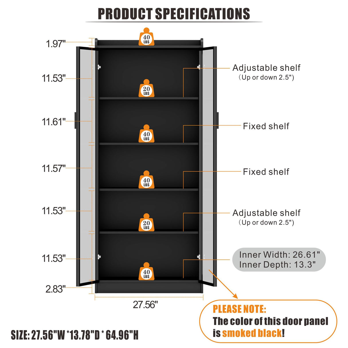 Display Cabinet with Doors and Adjustable Shelves, 65" Tall Bookcase with LED Lights/Human Sensor, 5 Tier Display Case for Collectibles Bedroom Living Room Office, Black - Smoked Black Door Dystler