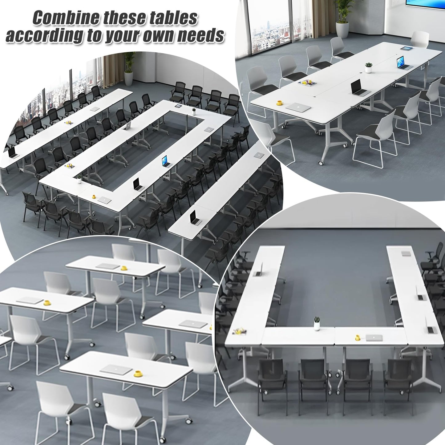 4PCS White Folding Conference Room Table, Modern Meeting Table with Wheels, 55" D x 23.6" W x 29.5" H Wood Seminar Table for Office Training Classroom