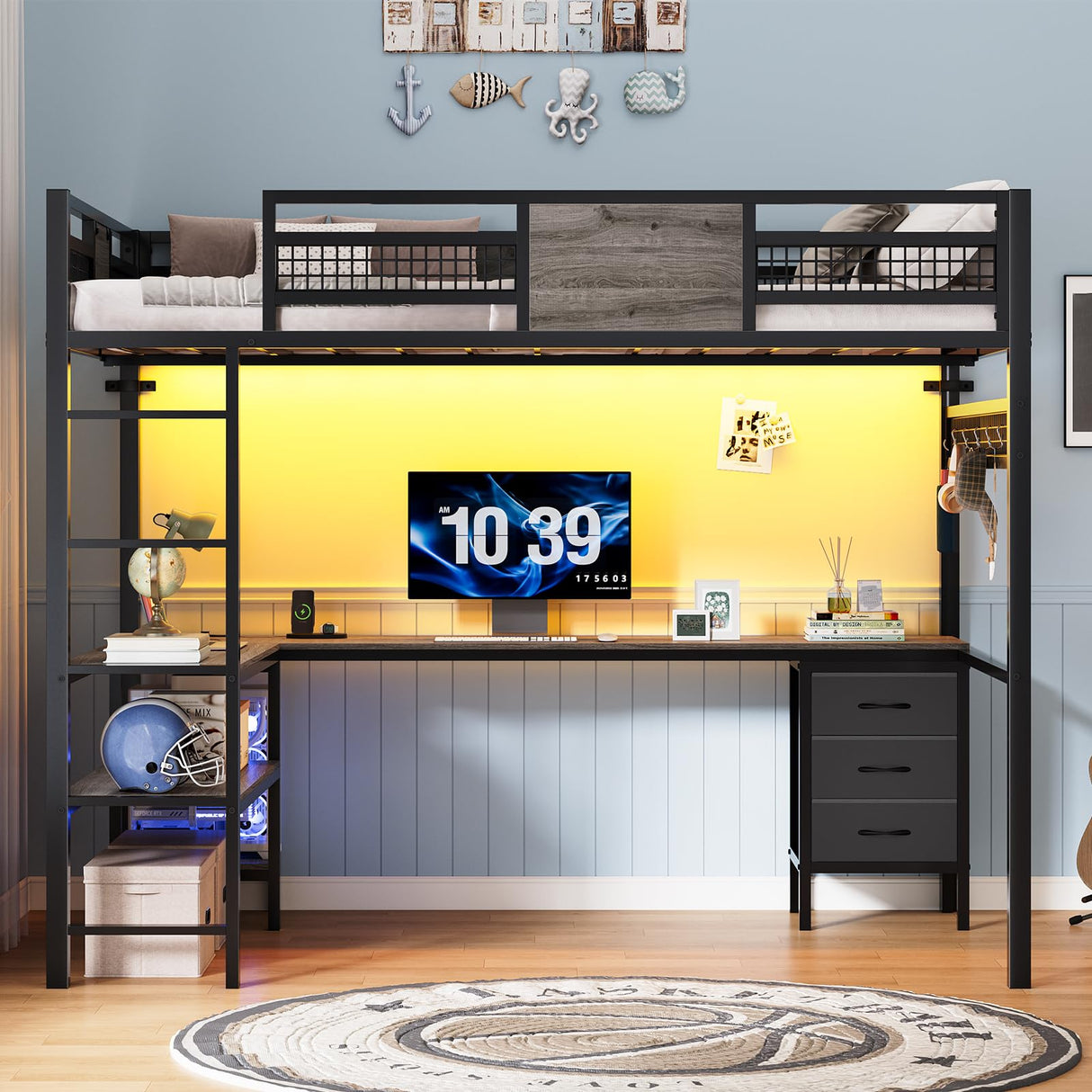 BTHFST Full Size Loft Bed with L-Shaped Desk and 3 Storage Drawers, LED Lights & Charging Station, Open Storage Shlef, Metal Loft Bed Frame with Solid Slats and Guardrail, Space Saving, Grey BTHFST