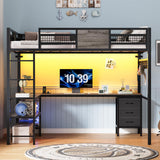 BTHFST Full Size Loft Bed with L-Shaped Desk and 3 Storage Drawers, LED Lights & Charging Station, Open Storage Shlef, Metal Loft Bed Frame with Solid Slats and Guardrail, Space Saving, Grey BTHFST