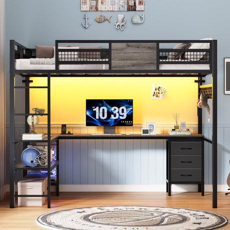 BTHFST Full Size Loft Bed with L-Shaped Desk and 3 Storage Drawers, LED Lights & Charging Station, Open Storage Shlef, Metal Loft Bed Frame with Solid Slats and Guardrail, Space Saving, Grey BTHFST