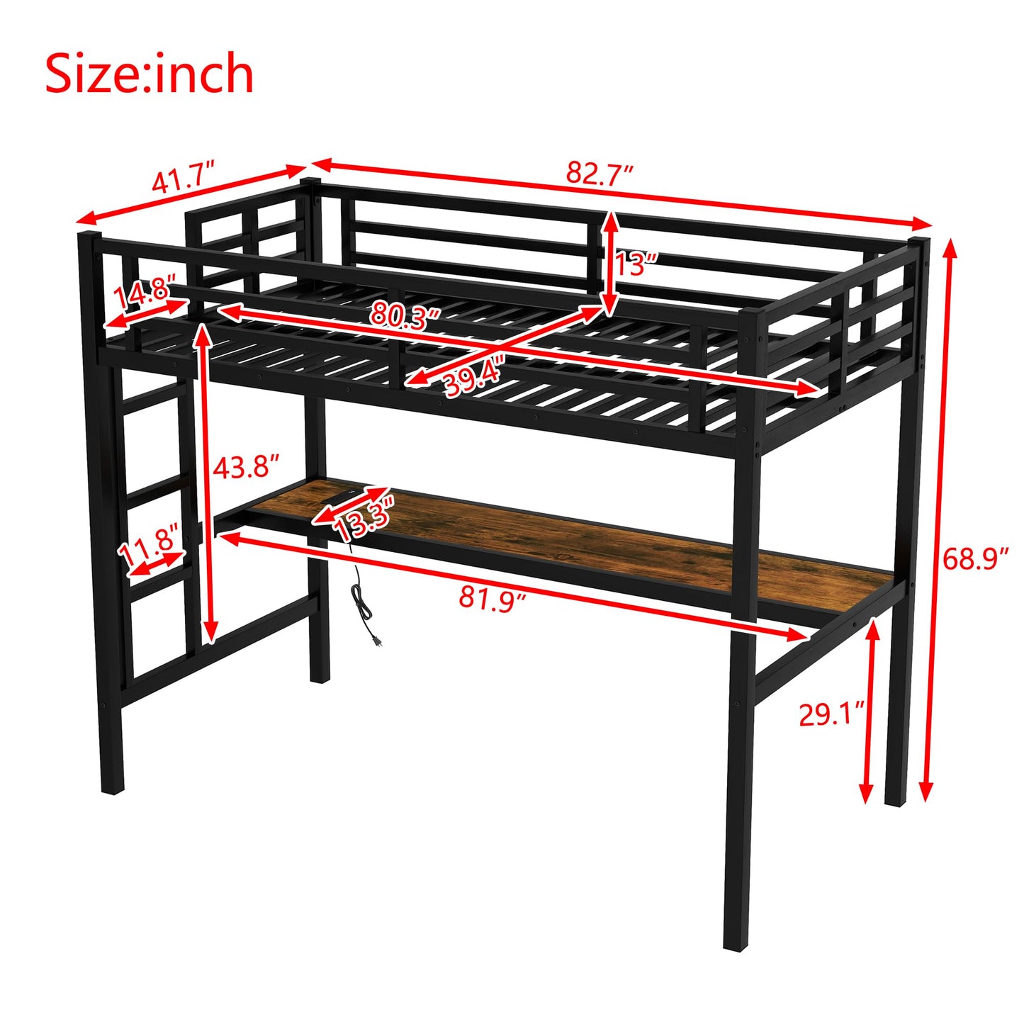 Bellemave Loft Bed Twin XL Size with Desk, LED Lights,Charging Station, Twin XL Metal Loft Bed Frame, Twin XL loft Bed for Adults, Kids, Teens, Twin XL, Black