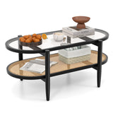 Giantex Rattan Coffee Table, 2-Tier Oval Wood Tea Table with Tempered Glass Tabletop & PE Rattan Storage Shelf, 40" Boho Cocktail Tables, Mid Century Modern Center Table for Living Room Office, Black Giantex