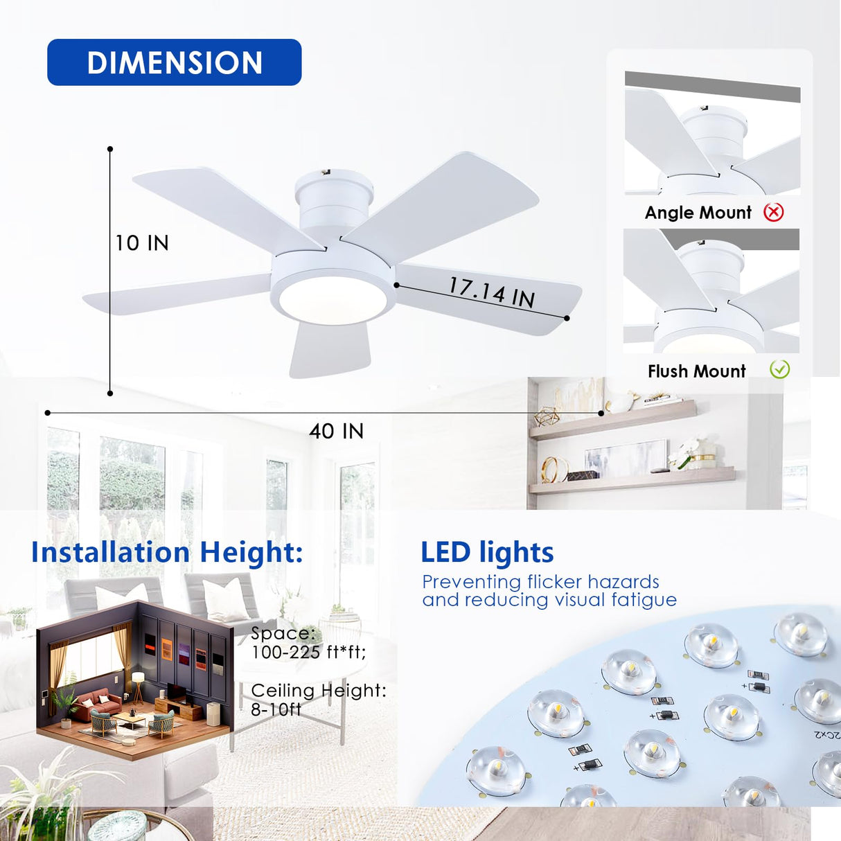 Ceiling Fans with Lights,Modern Low Profile Ceiling Fan with Light and Remote Control,5 Dual-Sided Blades,Reversible DC Motor,40" White Small Flush Mount Ceiling Fan for Bedroom Indoor/Outdoor Use Hounberi