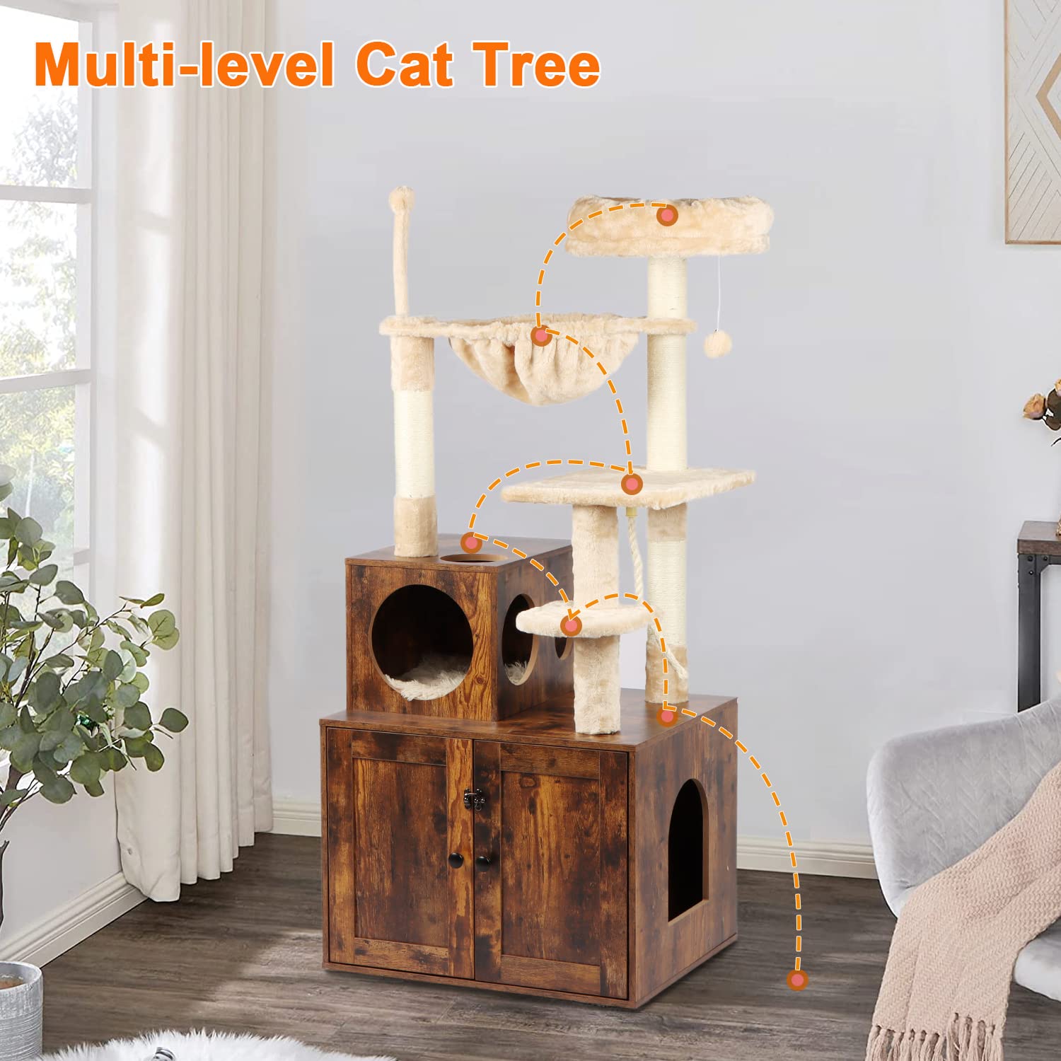 Timberer Cat Tree with Litter Box Enclosure, 2-in-1 Cat Tower for Indoor Cats, Large Cat Furniture, Wood Cat Condo with Basket, Scratching Posts, Pompoms, Rustic Brown - WoodArtSupply