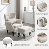 Janoray Mid Century Modern Accent Chair Upholstered Armchair Comfy Linen Fabric Tufted Wingback Single Sofa with Ottoman for Bedroom Living Room, Beige Janoray