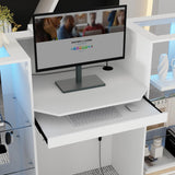 ROMSHINE Reception Desk with Counter, 59.1 inch Front Desk with LED Light & Glass Display Shelf, Reception Room Table with Cable Grommet, Retail Counter Salon Reception for Checkout, White ROMSHINE