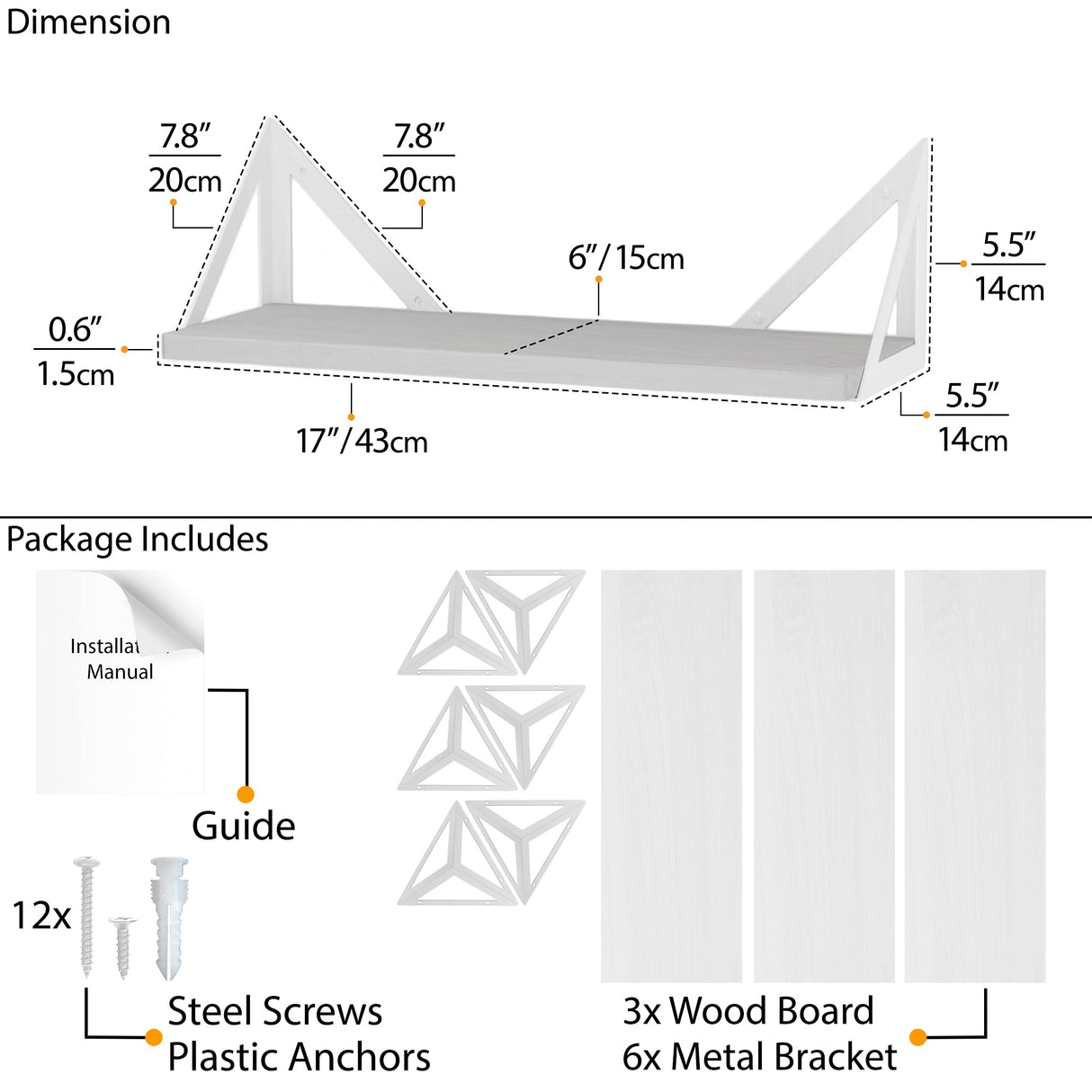 Wallniture Minori Washed White Floating Shelves for Wall Storage, Bathroom Shelves Over The Toilet Storage, Wood Wall Shelves Set of 3 with White Brackets Wallniture