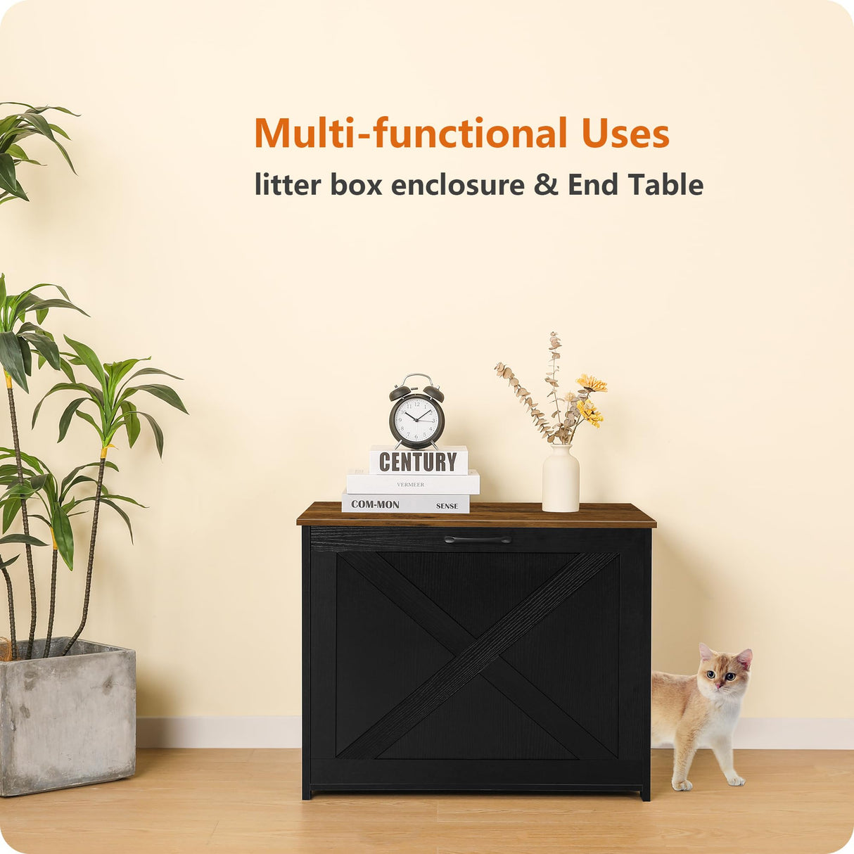 Dwanton Cat Litter Box Furniture Hidden, Cat Litter Box Enclosure, Reversible Entrance Can Be on Left or Right Side, Indoor Cabinet, Wooden Washroom, End Table, Black and Warm Brown, 27.6" L Dwanton