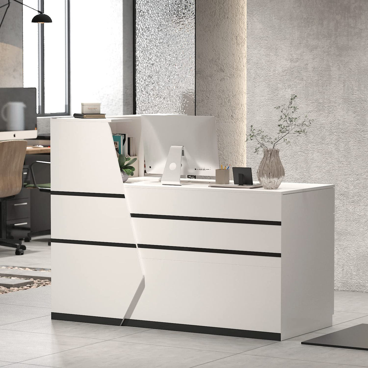 AGOTENI Reception Desk, Front Counter Desk with Lockable Drawer & Bookshelf, L Shape Reception Table Wooden Computer Table for Office, Black AGOTENI