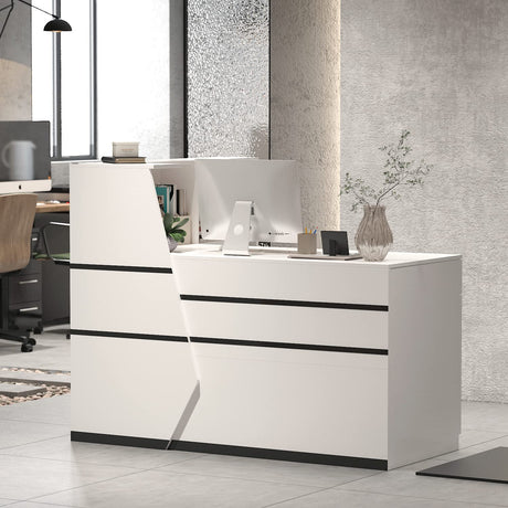 AGOTENI Reception Desk, Front Counter Desk with Lockable Drawer & Bookshelf, L Shape Reception Table Wooden Computer Table for Office, Black AGOTENI