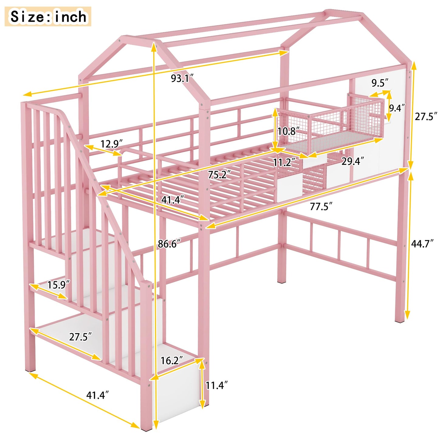 SOFTSEA Loft Bed Twin Size with Stairs & a Storage Box, House Shaped Stairway Metal Loft Bed with Guardrail & Roof Design, Pink