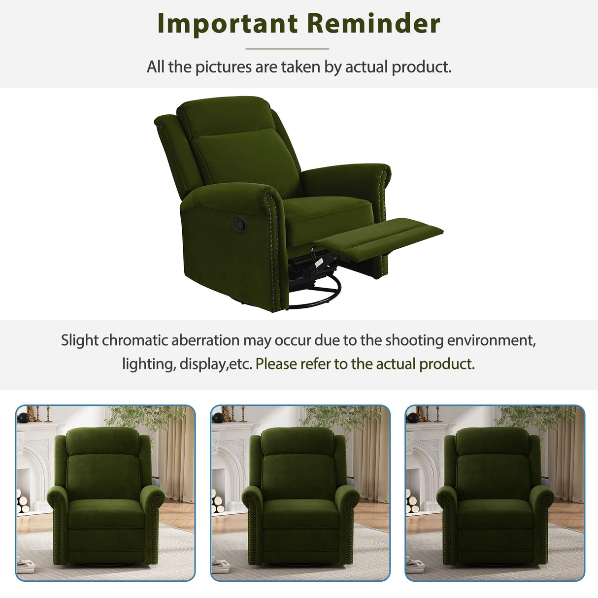 360° Swivel Recliner Chair with Adjustable Backrest, Manual Rocking Recliner Home Theater Manual Recliner Chair with Metal Base and Velvet Fabric for Living Room (Green, 2) JIVOIT