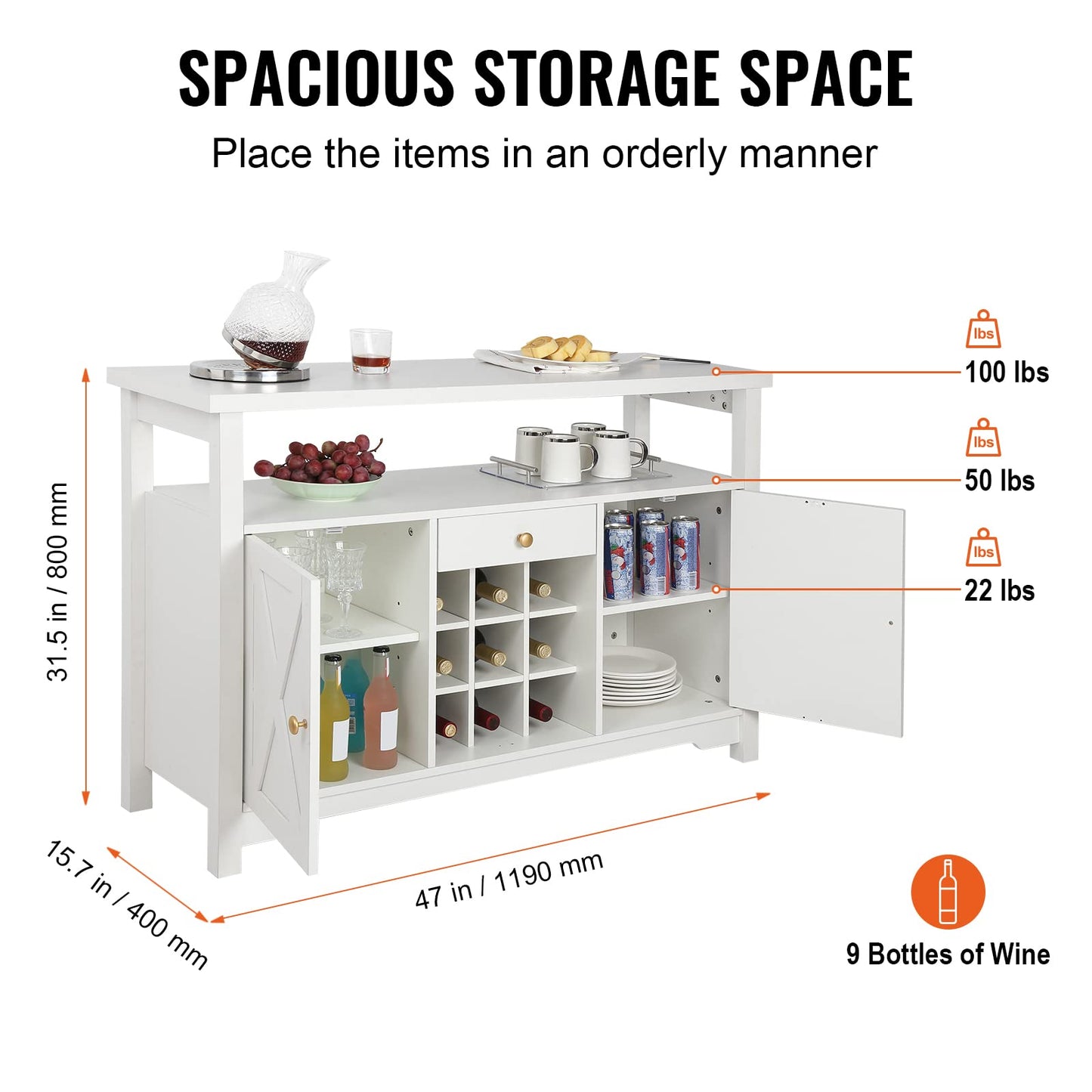 VEVOR 47 Inch Industrial Bar Cabinet, Wine Table for Liquor & Glasses, Sideboard Buffet Cabinet with Wine Rack, Freestanding Farmhouse Wood Coffee Bar Cabinet for Living Room, Home Bar, Kitch - WoodArtSupply