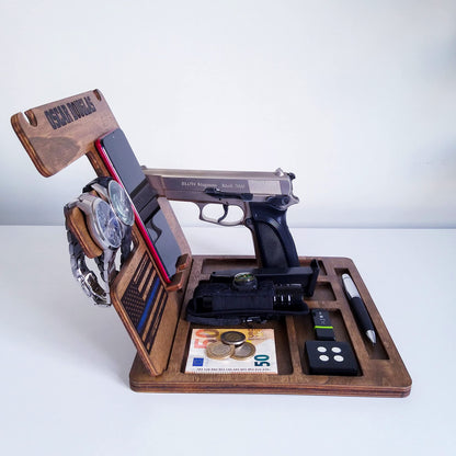 Personalized Wood Phone Docking Station Gun Key Holder Wallet Stand Watch Organizer Men Gift Husband Wife Anniversary Dad Birthday Nightstand Purse Father Graduation Gift Male Travel Idea Gad - WoodArtSupply