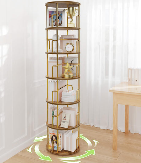 6 Tier Rotating Bookshelf Tower Round,74” Tall Spinning Bookshelf Tower Anti-Tipping Design,Metal & Wood Standing Revolving Bookcase Stackable Space Saving for Small Spaces,Study,Living Room,Bedroom Amzeth