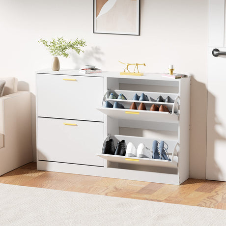 JOZZBY Shoe Cabinet Storage for Entryway, Slim White Hidden Shoe Organizer Cabinet with 2 Flip Drawers, Wooden Narrow Shoe Rack with 2 Tier Freestanding for Hallway, Living Room JOZZBY
