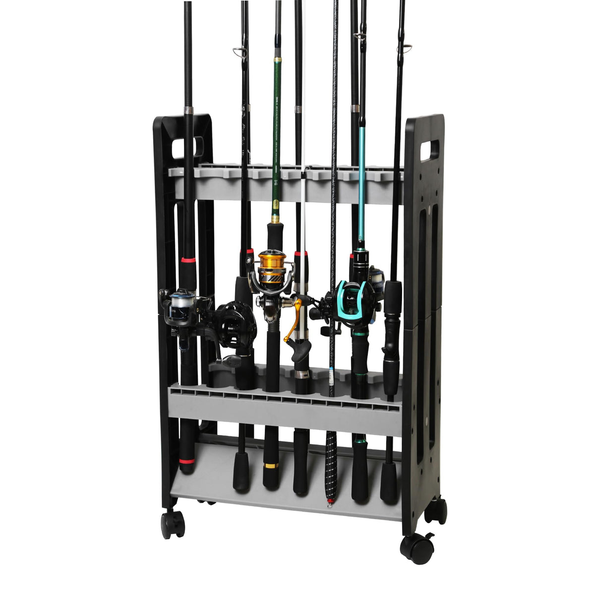 JOYWAVE Fishing Rod Holder,Fishing Pole Holders for Garage,Plastic Fishing Rod Rack,16-Slots,Portable Wheels JOYWAVE