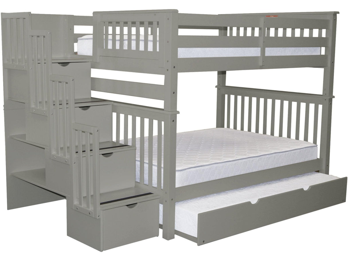 Bedz King Bunk Beds Full over Full with 4 Drawers in the Steps and a Twin Trundle, Gray Bedz King