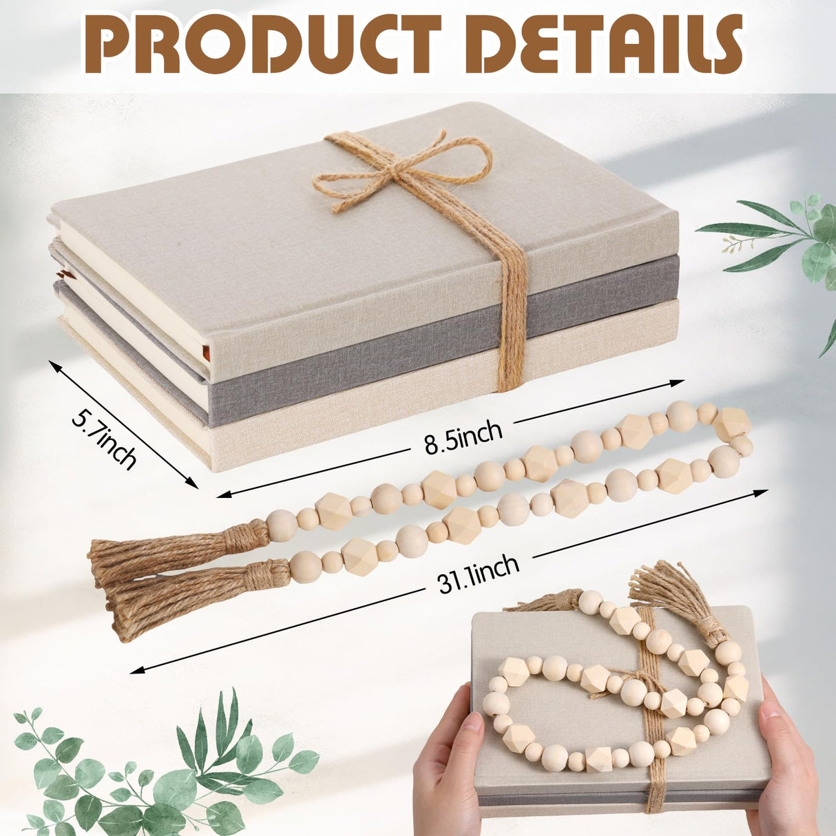 Feifeiya 3 Pieces Faux Decorative Books Set for Home Decor Fake Books for Shelves Coffee Table Stacked Linen Covered Decoration with Wood Bead Bookends Gift for Display in Living Room Farmhouse Feifeiya