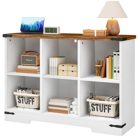 HOOBRO 6-Cube Storage Organizer Bookshelf, Farmhouse Wooden Cube Bookshelf with Storage, 42.5" Open Bookcase for Living Room, Office, Study, White and Walnut WH108SJ01 HOOBRO