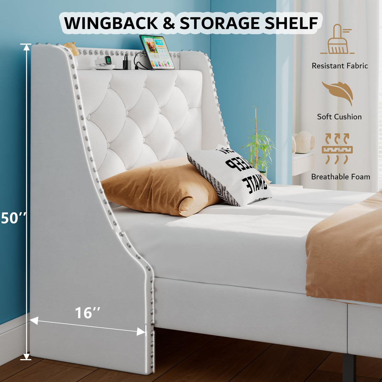 iPormis Velvet Twin Bed Frame with 16" Comfort Wingback & Charging Station, Upholstered Platform Bed with Button Tufted Storage Headboard, Solid Wood Slats Support, No Box Spring Needed, White iPormis