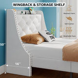 iPormis Velvet Twin Bed Frame with 16" Comfort Wingback & Charging Station, Upholstered Platform Bed with Button Tufted Storage Headboard, Solid Wood Slats Support, No Box Spring Needed, White iPormis