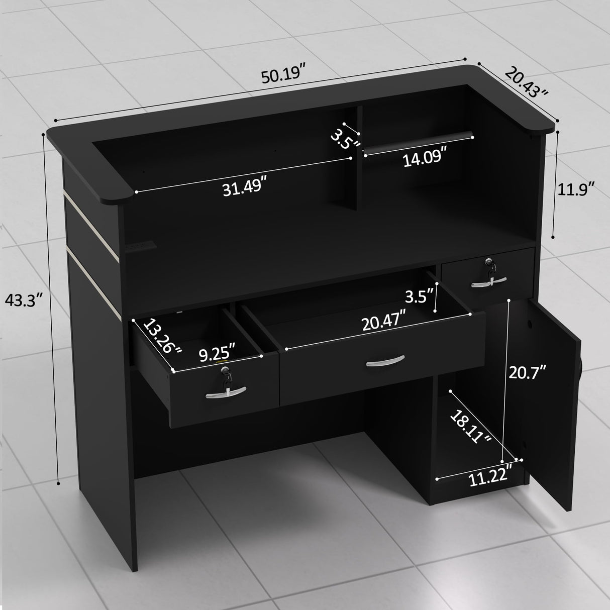 AHB Reception Desk with Counter, Modern Front Table Equipped Lockers & Storage Shelves, 50-inch Checkout Counter with LED Lights & DIY Stripe for Lobbies, Salons, Retail, Home Offices, Reception Room AHB