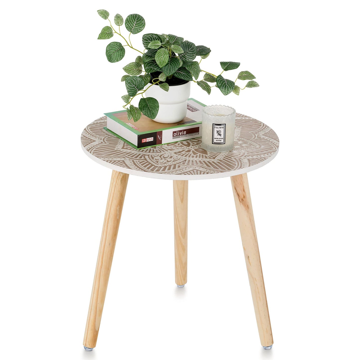 Hanobe Small Round Side Table: Boho End Tables for Living Room Bohemian Accent Bedside Table White Washed Bedroom Nightstand Farmhouse Home Decor Decorative with 3 Wood Legs, Easy Assembly - WoodArtSupply