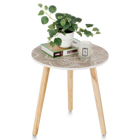 Hanobe Small Round Side Table: Boho End Tables for Living Room Bohemian Accent Bedside Table White Washed Bedroom Nightstand Farmhouse Home Decor Decorative with 3 Wood Legs, Easy Assembly Hanobe