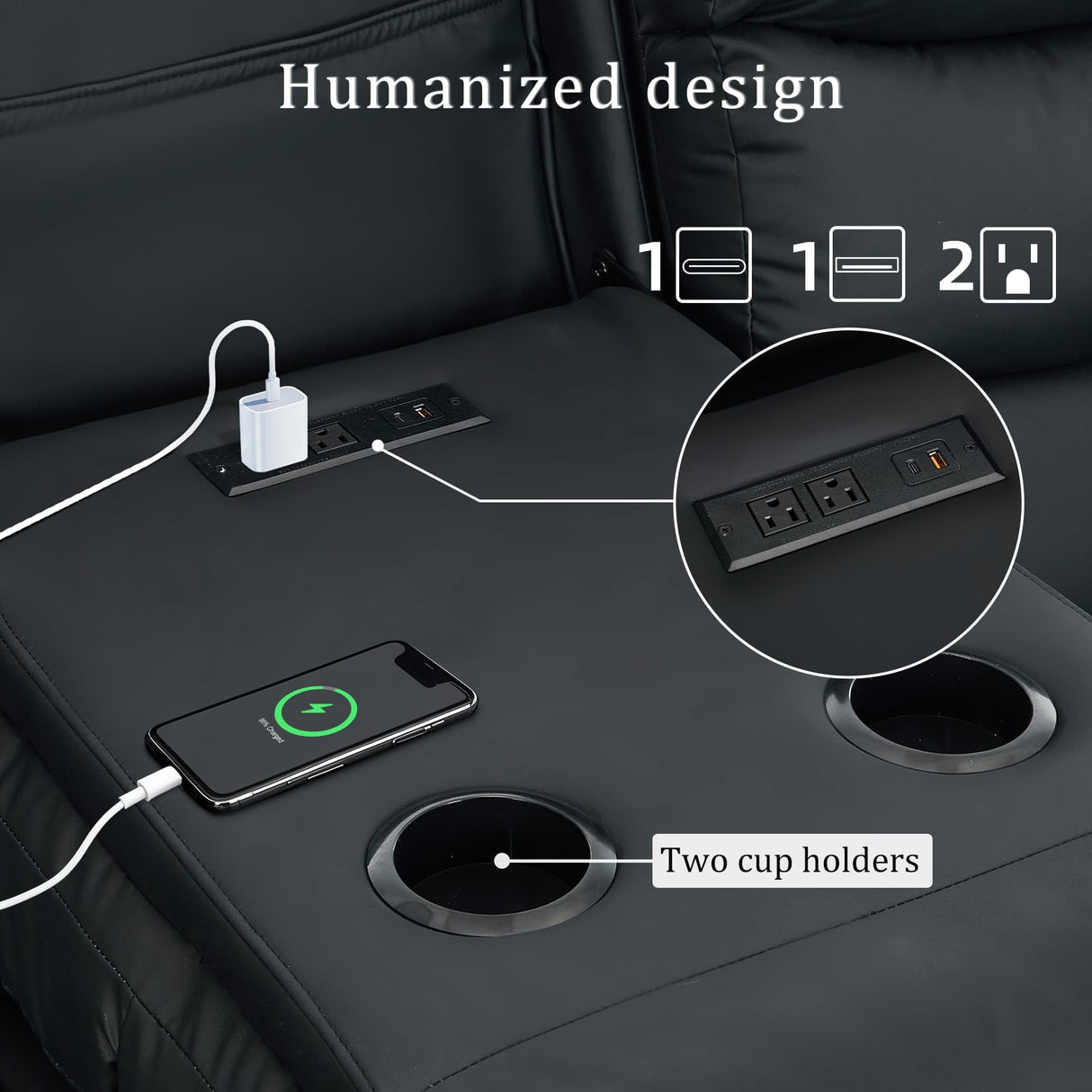 Korser Recliner Sofa, Reclining Loveseat with Console, Oversized Reclining Couch with Drop Down Table, 3-Seater Leather Sofa with Cup Holder and Recessed Power Strip, Black Korser