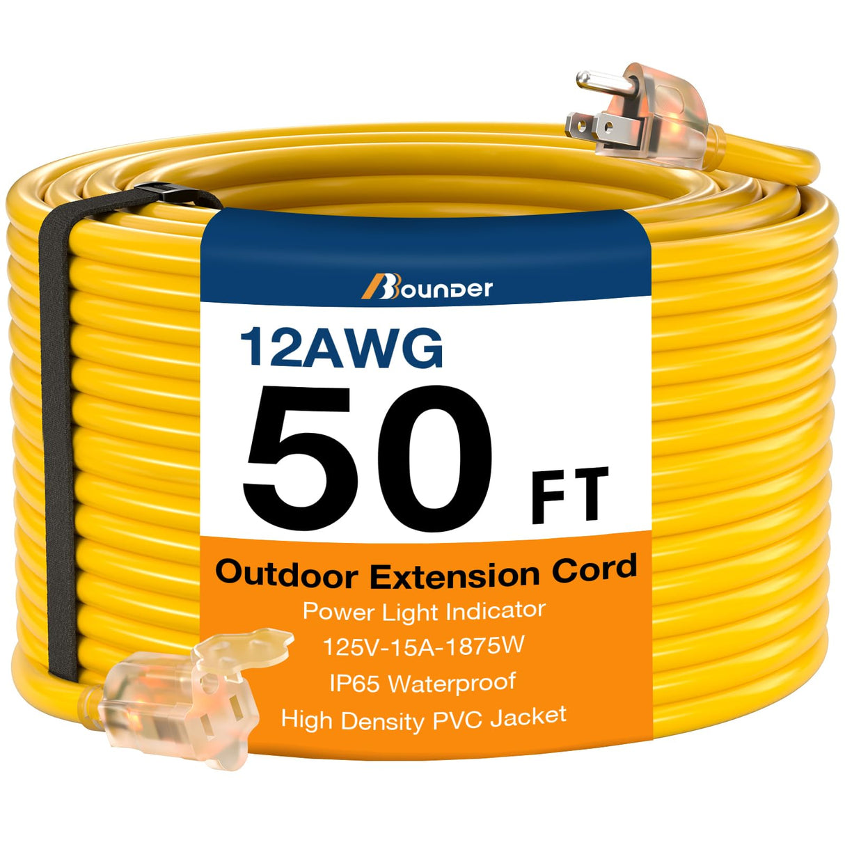 BBOUNDER Outdoor Extension Cord 50 FT Waterproof, 12/3 SJTW Heavy Duty 15A 1875W, Flexible 100% Copper 3 Prong Cords for Commercial Use and High Power Appliance, Yellow BBOUNDER