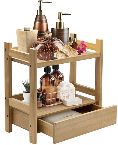 Sorbus 2-Tier Bamboo Countertop Shelf with Hidden Drawer - Makeup Organizer - Multi-Purpose Storage for Skincare, Toiletries, Desktop - Display Stand Shelf for Bathroom Vanity Counter, Kitchen, Office