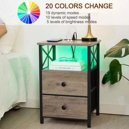 AMHANCIBLE Night Stand Set 2, LED Nightstands for Bedroom Set of 2 with Charging Station, End Table with USB Port and Outlet, Side Table with 2 Storage Drawers for Living Room, Greige, HET052 - WoodArtSupply