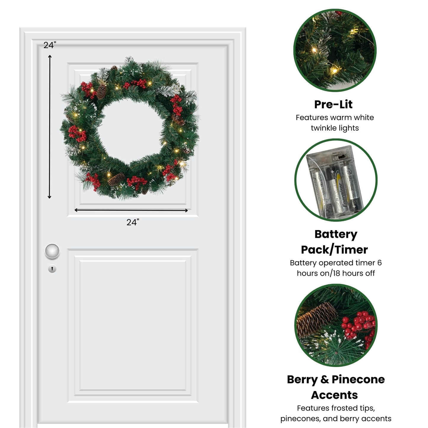 Sullivans Prelit 24" Christmas Wreath, Christmas Decor, Christmas Door Wreath with Lights, Lighted Pine Christmas Wreath, Flocked Tips Pine Red Berry Wreath with Lights, Battery Timer, Holiday Décor