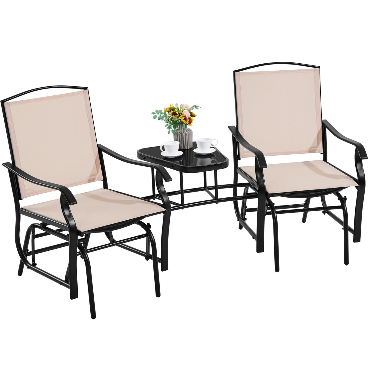 Yaheetech Outdoor Glider Chairs with Glass Table Rocking Chairs, Outdoor Loveseat Patio 2-Seat with Breathable Sling Fabric for Lawn, Garden and Porch, Beige Yaheetech