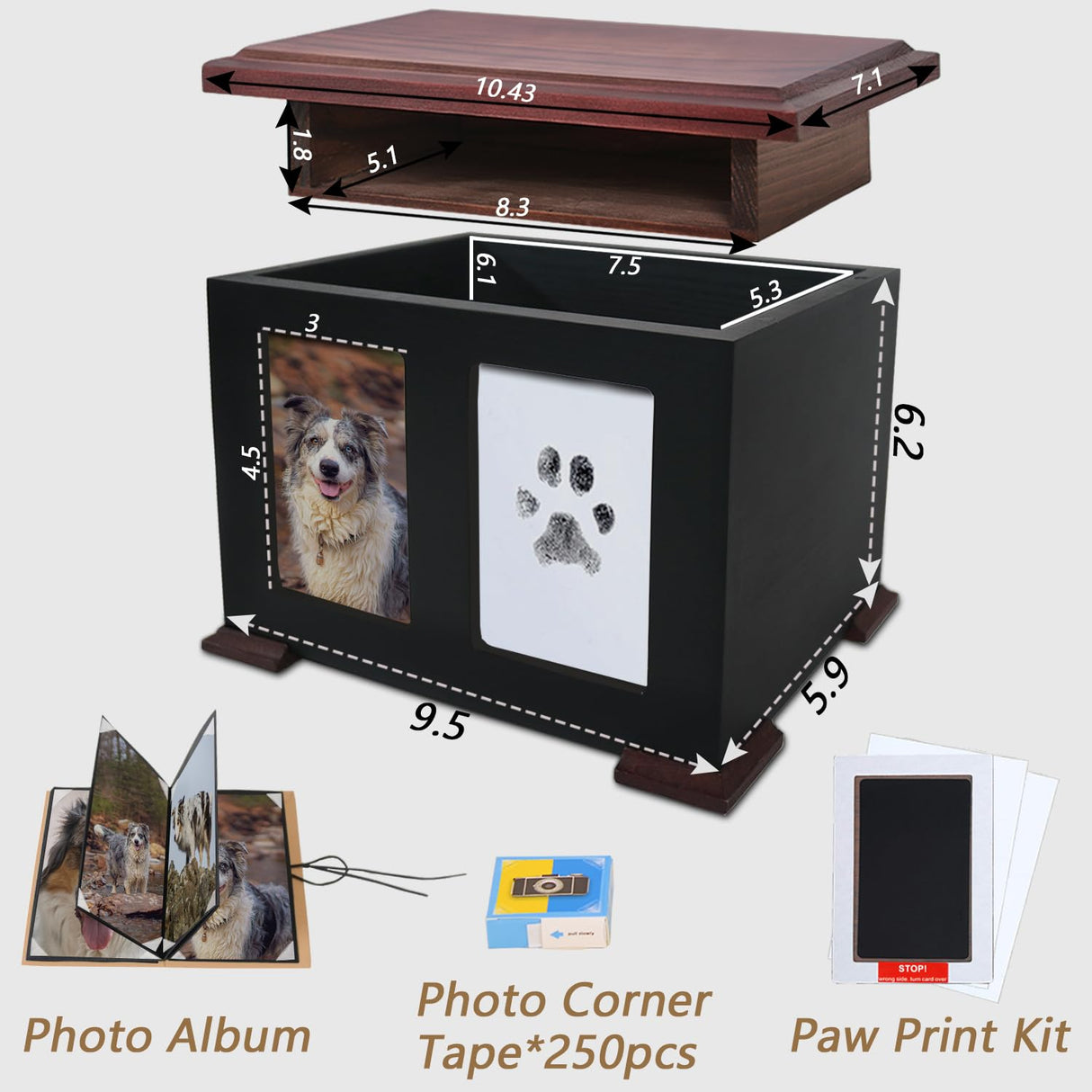 Sofunii Pet Urns for Dogs Ashes,XLarge Wooden Dog Urn Keepsake,Cat Urns for Ashes, Pet Memory Box Memorial Boxs with Paw Print Impression Kit&Album、Photo Frame for Loss Dogs Personalized Sofunii