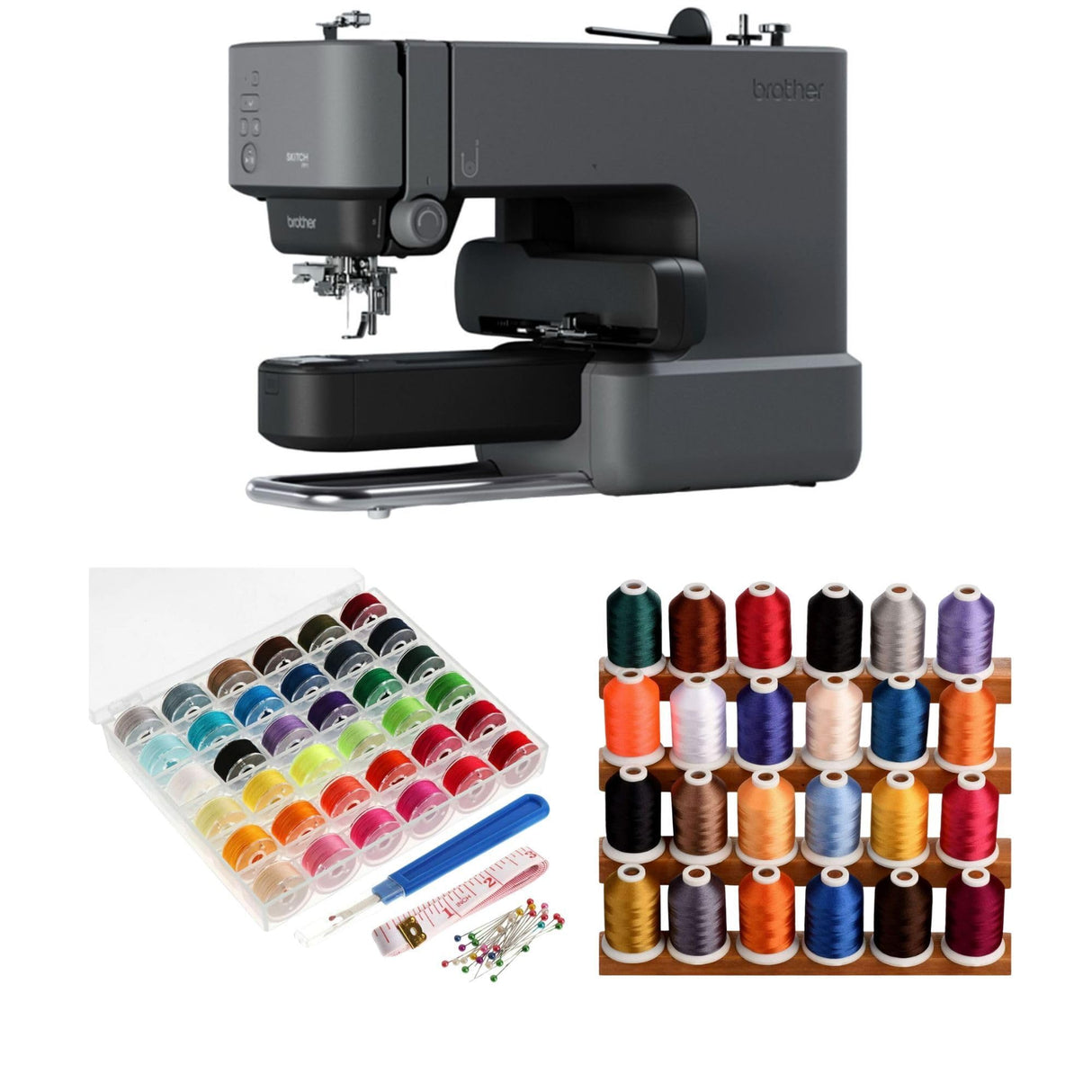 Brother Skitch Embroidery Machine - Precision Single-Needle Stitching with Speed Control Bundle with 24 Assorted Colors Thread, and 36 Pieces Bobbins (3 Items) Brother