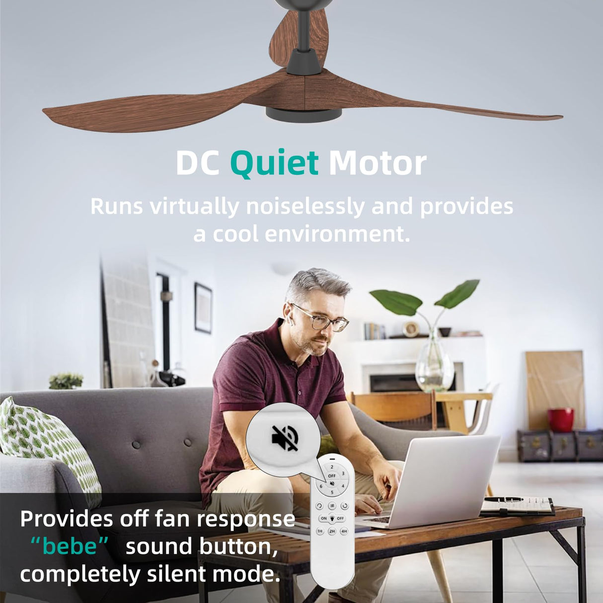 Roomratv Ceiling Fans with Lights and Remote, 52 Inch Large Airflow Indoor Ceiling Fans with Quiet DC Motor and 3 Colour Temperature Black Noiseless ABS Fan Blades (Dark Woodgrain) Roomratv