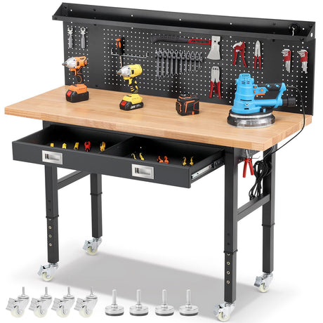 ENJOYWOOD Workbenches for Garage Work Bench with Wheels 60 Inch Adjustable Rubber Wood Top Garage Workbench with Drawers, Pegboard, Power Outlets for Woodworking, Home, Office, Workshop ENJOYWOOD