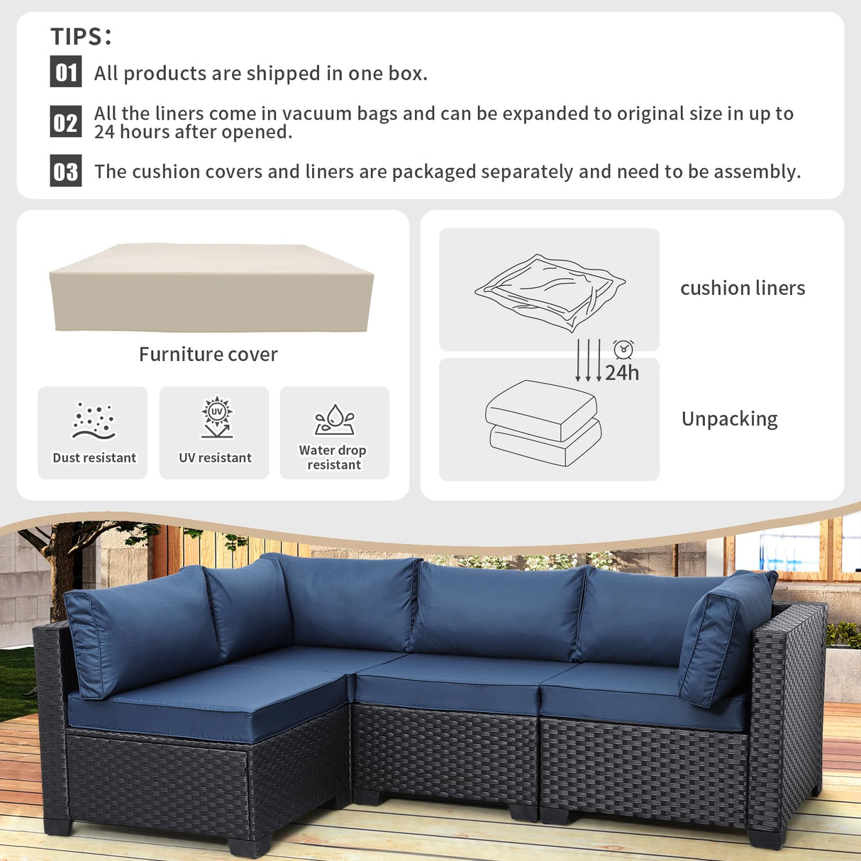 Valita Outdoor Furniture Replacement Cushions, Fits 4-seat Sectional Rattan Conversation Set, 10 Piece Patio Water-Resistant Replacement Sofa Cushions, Liner&Cover (Navy Blue) Valita