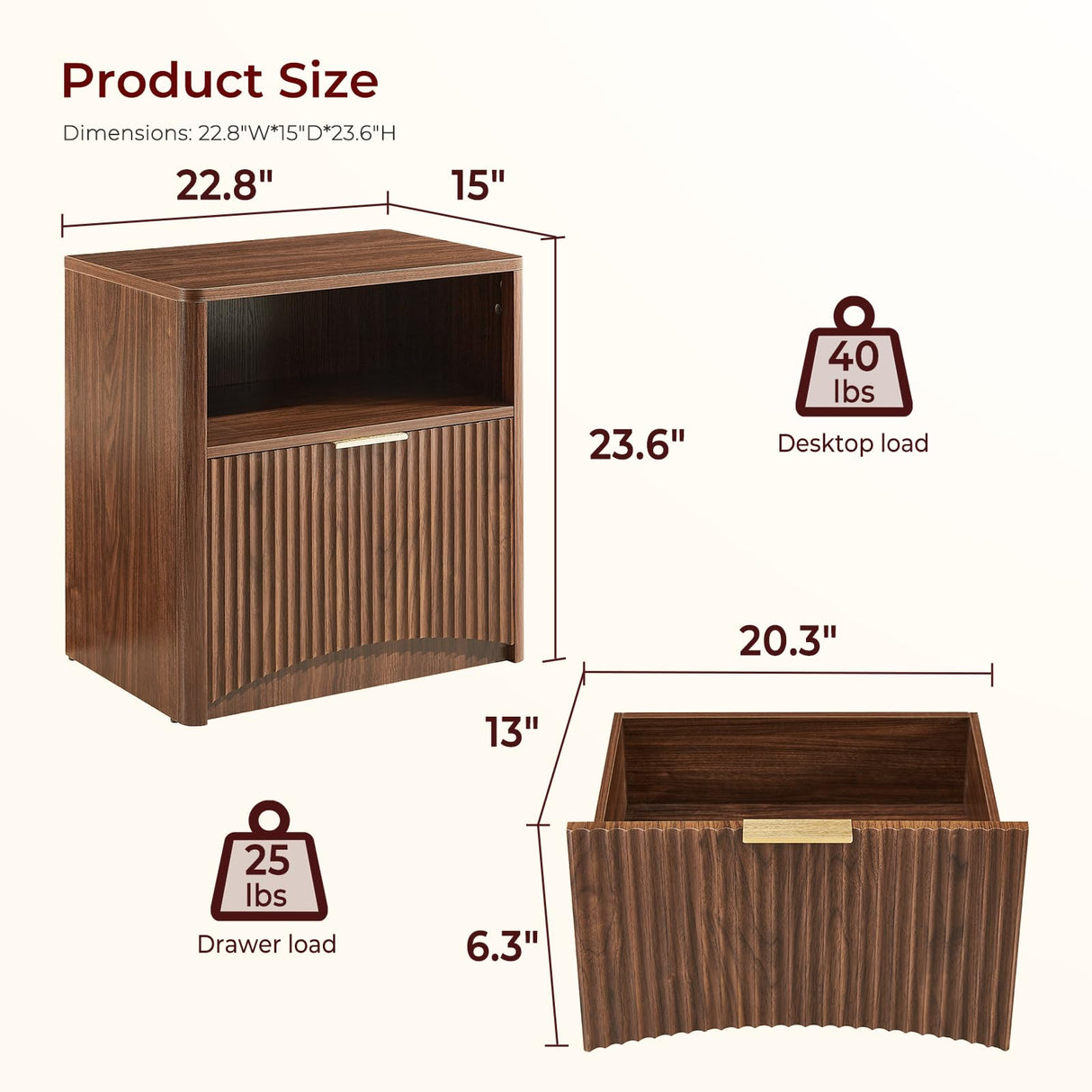 Evermagin Fluted Nightstand Set of 2, Walnut Bedside Table with Drawer and Storage, Wood Night Stand Mid Century Modern, Large End Table for Bedroom Evermagin