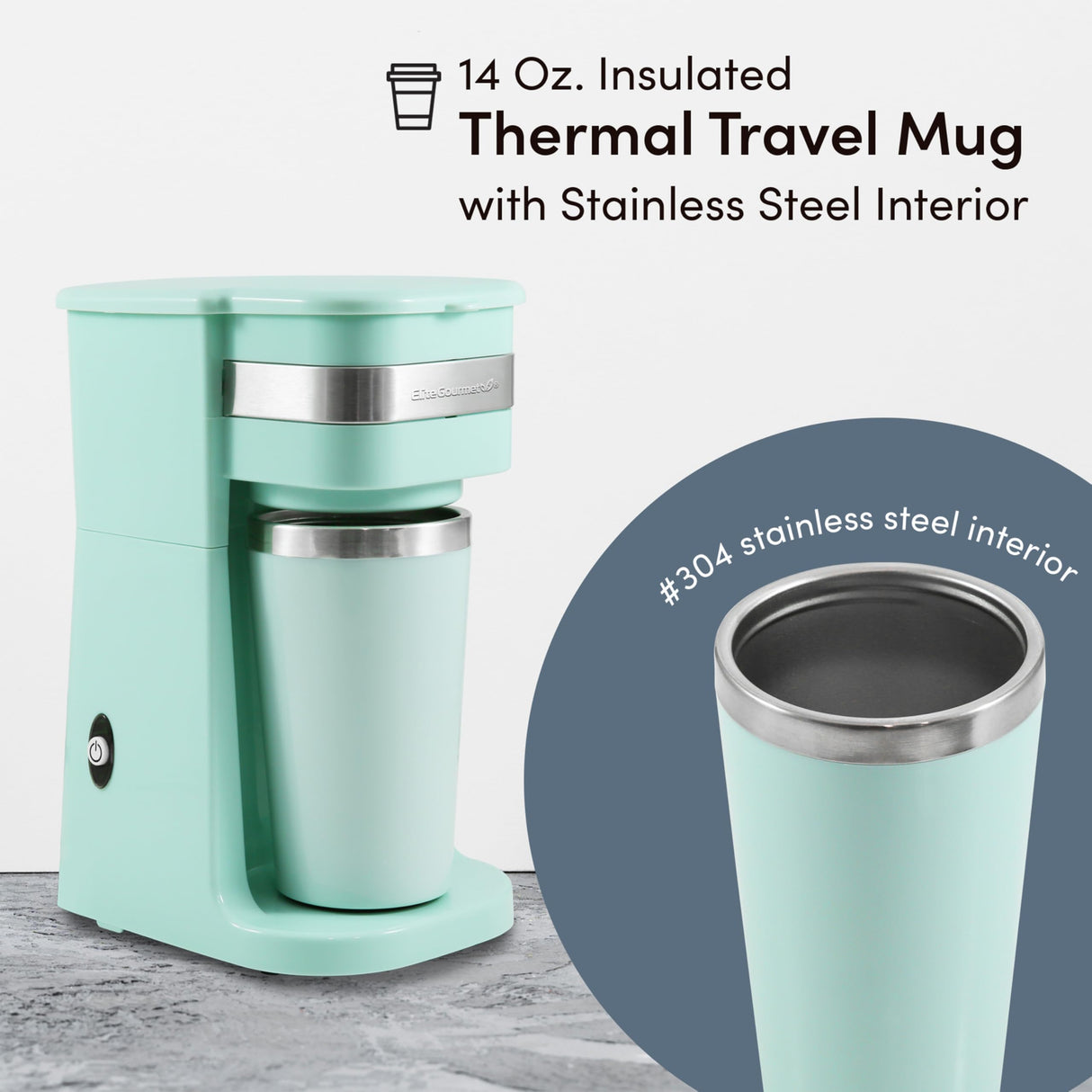 Elite Gourmet EHC113M Personal Single-Serve Compact Coffee Maker Brewer Includes 14Oz. Stainless Steel Interior Thermal Travel Mug, Compatible with Coffee Grounds, Reusable Filter, Mint Elite Gourmet