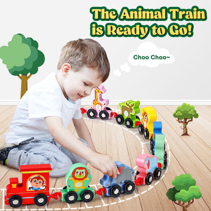 EDUJOY Toddler Toys for 2-3 Year Old Boy, Wooden Animal Train Set, Montessori Toys for 2 3 Year Old Boy Christmas Birthday Gifts, Learning Toys for Toddlers 2-4 Years Girl Toys Age 2 3 - WoodArtSupply