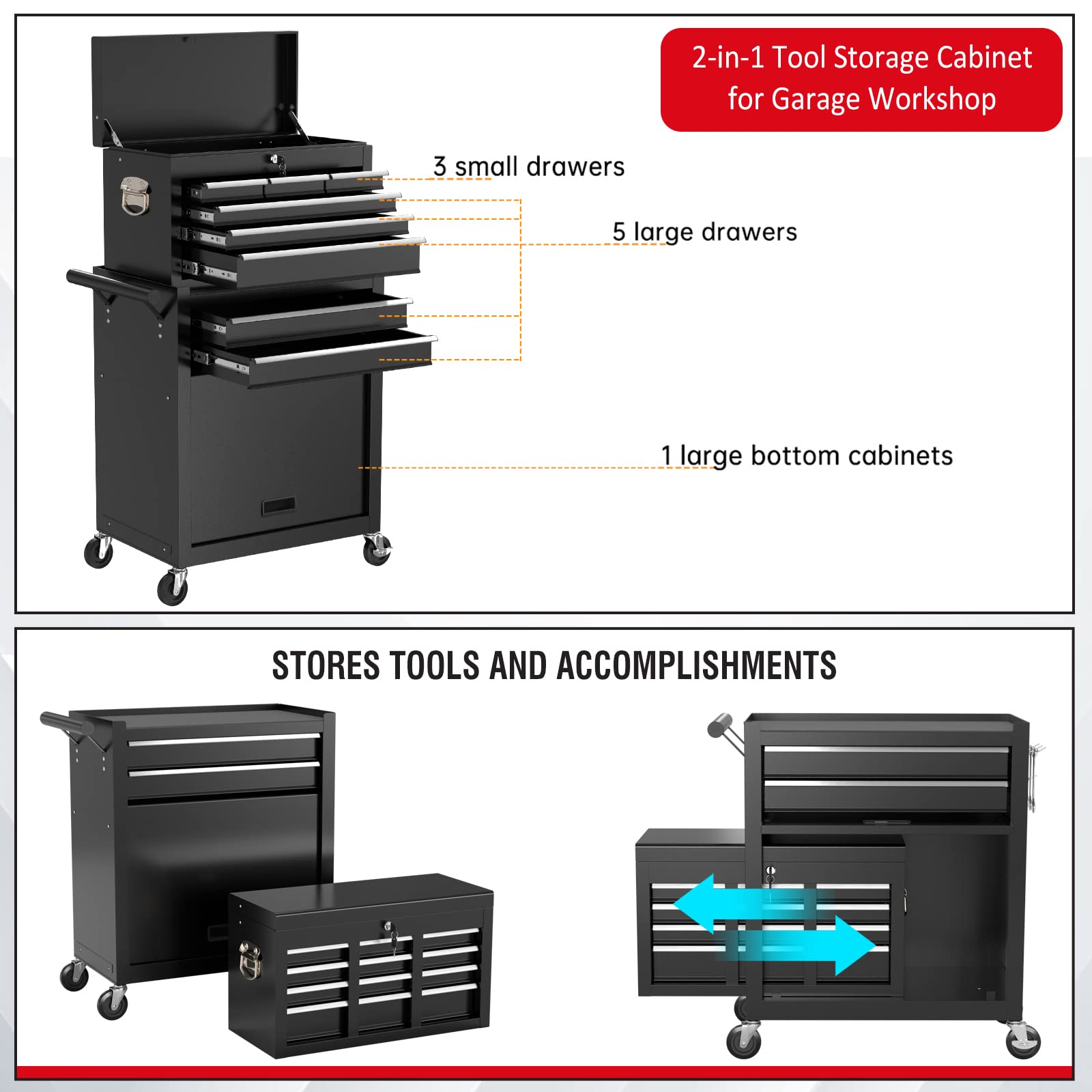 8 Drawers Rolling Tool Chest with Drawers, High Capacity Toolbox on Wheels, Lockable Drawers Tool Box Organization and Storage, Tool Cabinets on Wheels for Garage and Repair Shop(Black) - WoodArtSupply